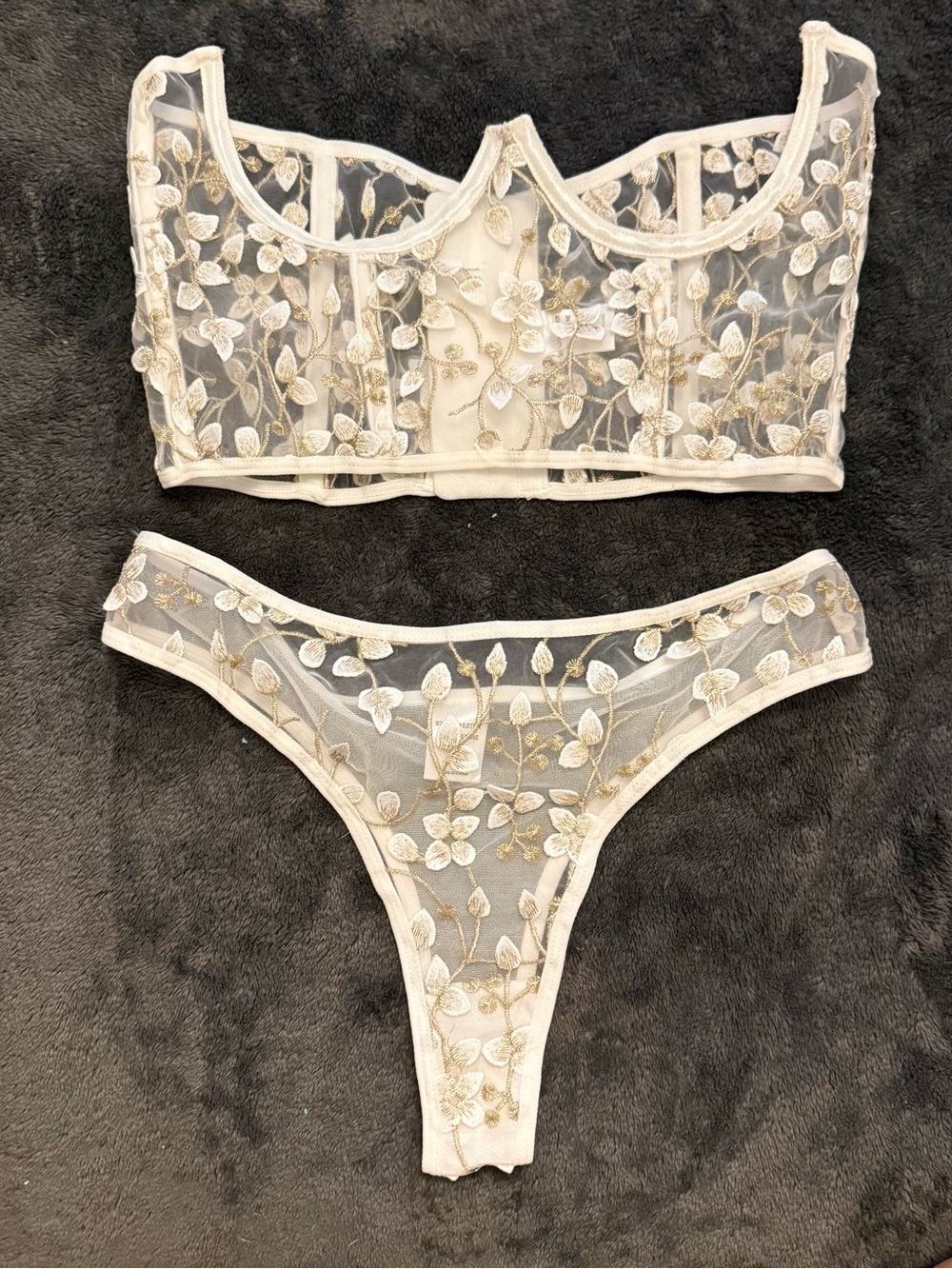 Sheer Embroidered Lace Bralette & Thong Set - Cream/Gold